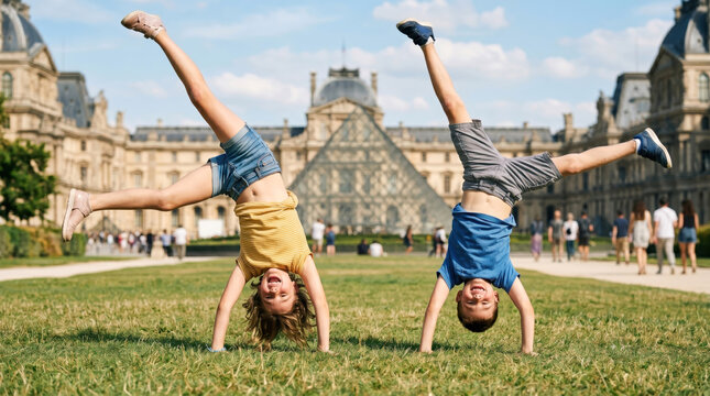 Happy kids doing handstands on grass in front of museum