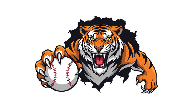 Fierce and dynamic illustration of an angry tiger mascot bursting through a background, holding a baseball with its claws.