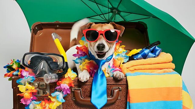 Funny Jack Russell Terrier sitting in a vintage suitcase wearing sunglasses and a lei. The dog is surrounded by beach gear including a snorkel, towels, and a parasol. Humorous pet travel concept.