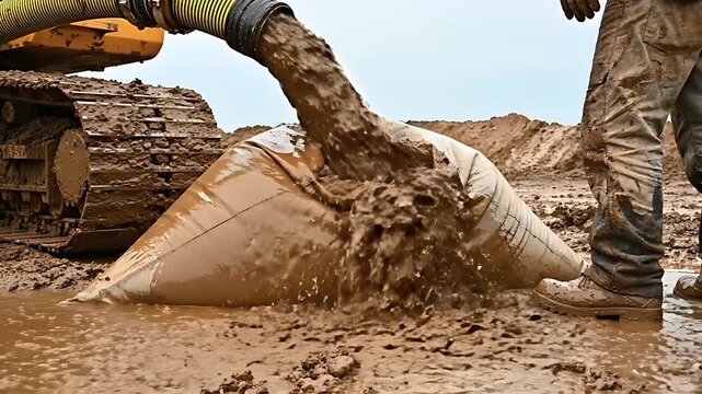 Industrial pump discharging mud and slurry into a large geotextile dewatering bag. Workers monitor the sediment containment process at a muddy site. Environmental remediation and drainage concept.