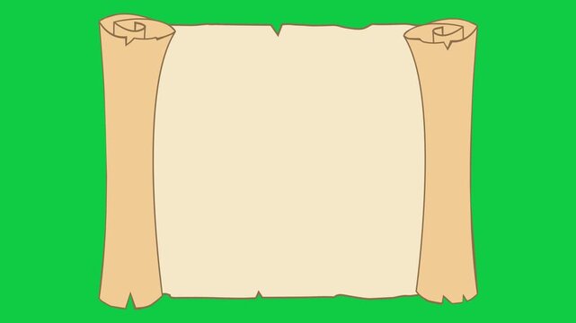 Parchment Scroll Opening and Closing Seamless Loop Animation 4K Green Screen. Minimalist animation featuring vintage parchment scroll unrolling to full size and then automatically rolling back up