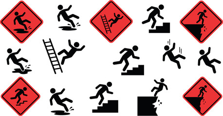 Red Diamond Industrial Safety Warning Sign Vector Set with Falling Slipping Tripping and Cliff Danger Pictograms for Workplace Hazard Prevention © EdGe Creative
