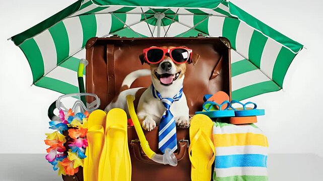 Jack Russell Terrier dog in sunglasses and tie sitting in a vintage suitcase. Travel accessories like flippers and beach umbrella surround the pet. Humorous holiday concept for travel marketing.