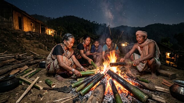 Indigenous Tribal People Roasting Chunga Pitha Rice Inside Bamboo Tubes