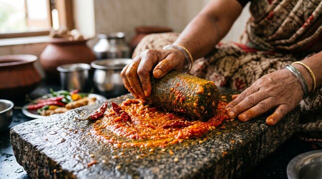 Close Up of Grinding Red Chilies and Turmeric on Traditional Shil Pata