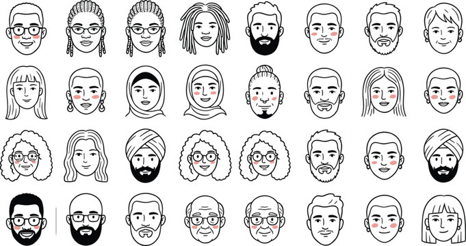 "Minimalist vector illustration of diverse human faces featuring unique hairstyles, accessories, facial expressions, and individuality"