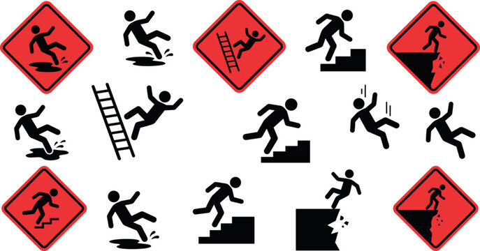 Red Diamond Industrial Safety Warning Sign Vector Set with Falling Slipping Tripping and Cliff Danger Pictograms for Workplace Hazard Prevention