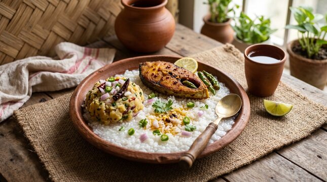 Traditional Panta Ilish Meal on Earthen Plate for Pohela Boishakh Festival