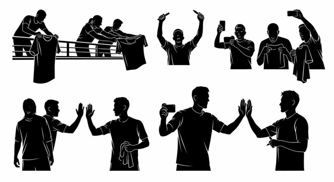Silhouette illustrations of sports fans interacting with autograph hunters