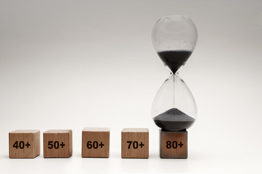 Hourglass beside age blocks from 40 to 80, aging population, life stages and time passing