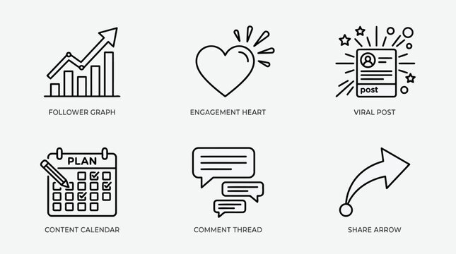 Social media engagement icon set with follower graph heart symbol viral post content calendar comment thread and share arrow vector illustrations for digital marketing and audience growth strategy.