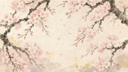 Naklejka premium Japanese Ink Painting Cherry Blossom — Washi Texture Background with Gold Foil