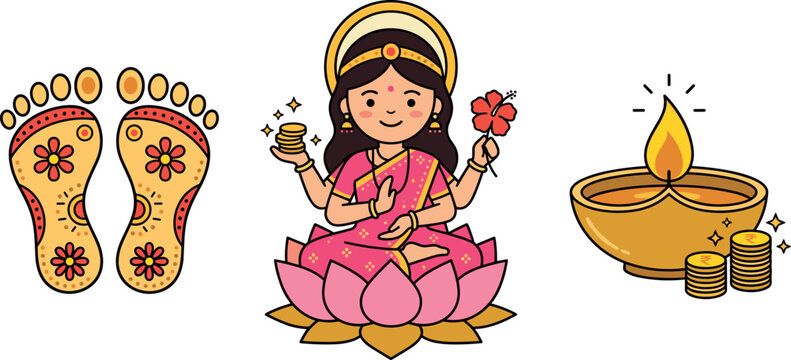Cute Goddess Lakshmi Vector Set with Lotus Footprints Paduka Gold Coins and Diya Oil Lamp for Diwali and Dhanteras Festival Graphic Designs