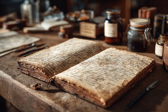 ancient manuscript on rustic wooden desk