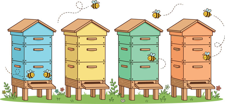 Colorful Wooden Langstroth Beehive Vector Set with Multi Story Hive Boxes and Cute Flying Honey Bees for Apiary and Beekeeping Graphic Designs