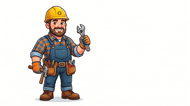 Smiling Handyman Cartoon Character with Hard Hat and Tools Isolated on White Background
