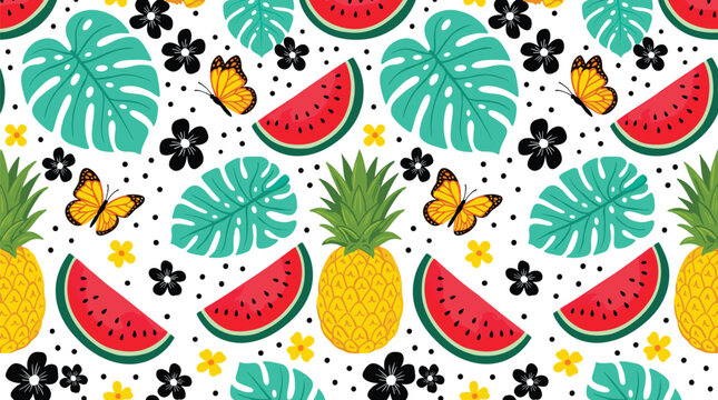 "Colorful tropical vector pattern with pineapples, watermelon slices, monstera leaves, butterflies, and flowers on white background"