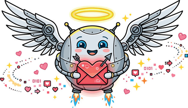 Cute Sci-Fi Robot Cupid Vector Character with Mechanical Wings Halo and Jetpack Boots Holding Love Letter Envelope for Valentines Day Graphics