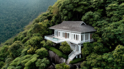 Fototapeta premium Aerial view tropical hillside forest villa balcony mountain mist, modern retreat on lush slope with terrace, staircase, peaceful mood