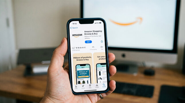 Man Holding Smartphone with Amazon Shopping App on Screen in Home Office Setting for Online Retail E-commerce and Mobile Digital Marketplace Services