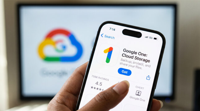 Person holding smartphone displaying Google One cloud storage app page on App Store with Google Cloud logo background for backup data file protection