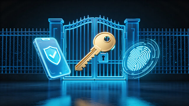 Multi Factor Authentication Concept with Phone Shield and Fingerprint HUD
