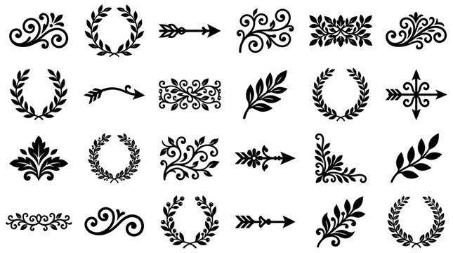 Black silhouette floral ornaments, laurel wreaths, decorative arrows and vintage borders set