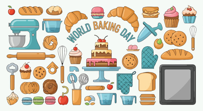 A colorful illustration celebrating World Baking Day with baking tools and treats