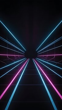 Futuristic Neon Light Tunnel with Glowing Purple and Blue Lines, Abstract Technology Corridor, AMOLED Vertical Mobile Wallpaper Background