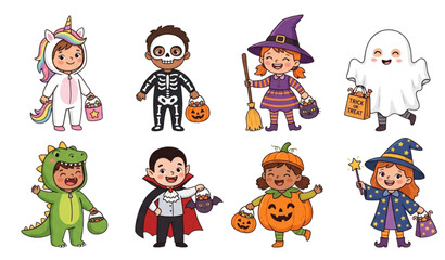 Fototapeta premium Cute kids Halloween costume collection vector illustration isolated on white background