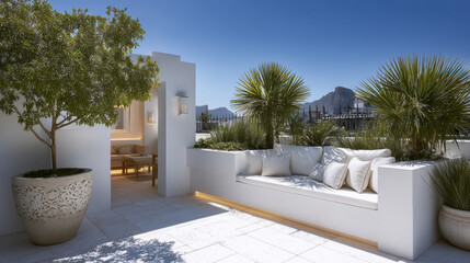 Obraz premium Luxury private rooftop garden terrace patio sofa cushion beside white villa, potted tree, desert plant, mountain view under clear blue sky