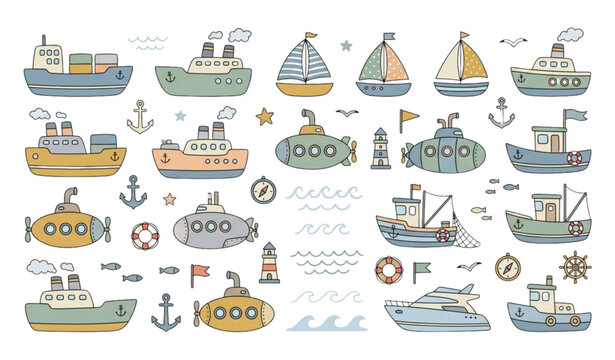 Cute nautical ships and marine transport collection vector illustration isolated on white background