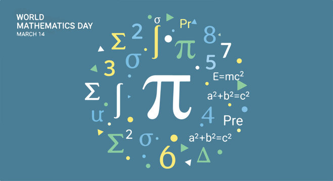 A blue poster with colorful mathematical symbols and equations
