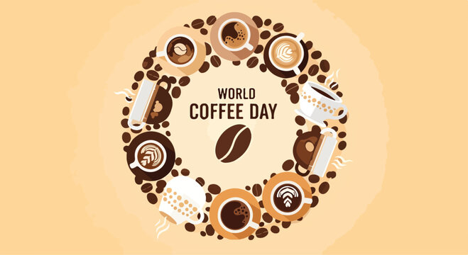 A colorful illustration celebrating World Coffee Day with coffee cups and beans