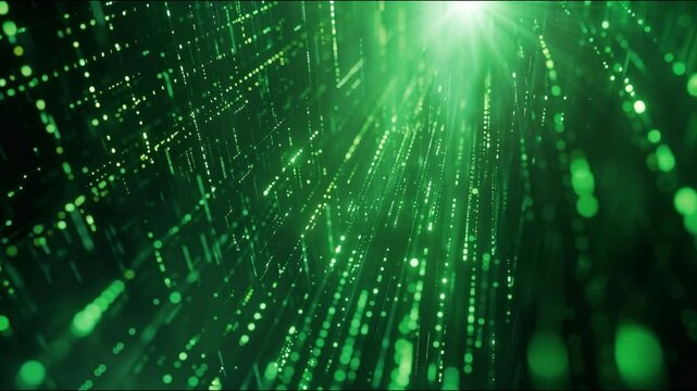 マトリックスグリーンの光り輝くネットワークラインが流れるデジタルトンネルの抽象映像