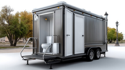 Obraz premium Luxury portable toilet restroom trailer mobile bathroom sanitation outdoor event rental side view modern unit parked on pavement, clean interior