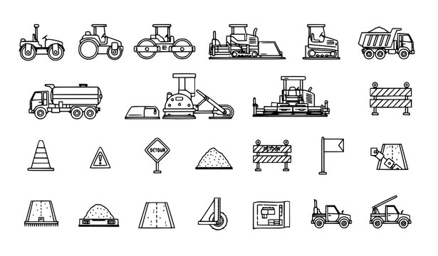Roadwork Paving and Compaction Equipment Outline Vector Icons for Infrastructure Design