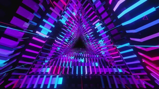 Hypnotic 4k seamless VJ loop of a futuristic triangle tunnel. Abstract data vortex made of glowing blocks and digital structures, for stage screens and techno music events
