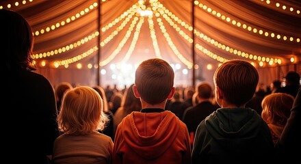 Obraz premium People watch a performance under bright lights in a large tent.