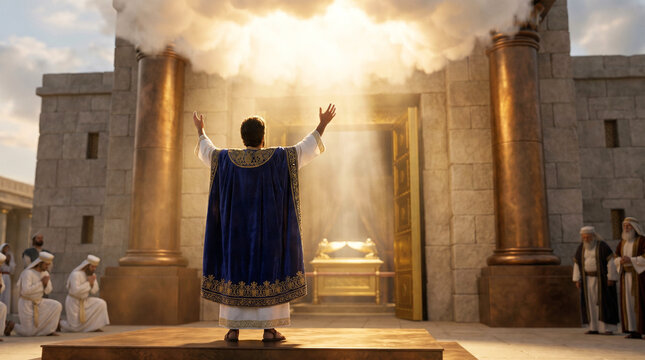 King Solomon in Worship, Raising Hands to Heaven, Biblical Temple Background, Documentary Style