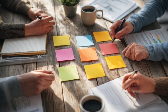 team collaboration with sticky notes on table