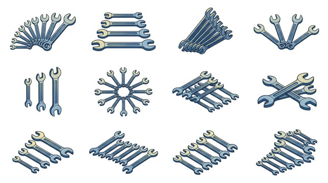 Collection of Metal Wrenches and Tools for Repair and Construction.