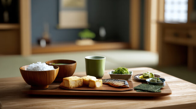 Japanese breakfast rice miso soup fish tofu green tea on wooden tray in tatami room, with seaweed, pickle, calm home interior