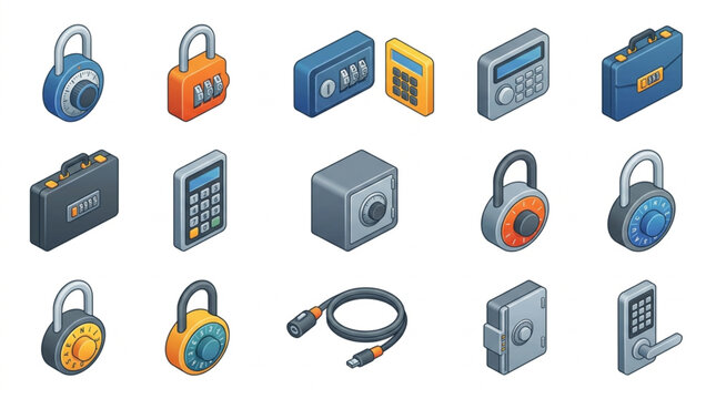 Collection of security devices and locks isometric icons.