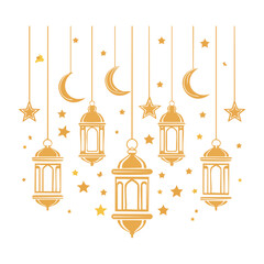 Obraz premium Golden Islamic lanterns, crescent moons and stars decoration