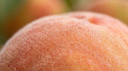 Fototapeta premium Macro close-up of a ripe peach with fuzzy skin and water droplets
