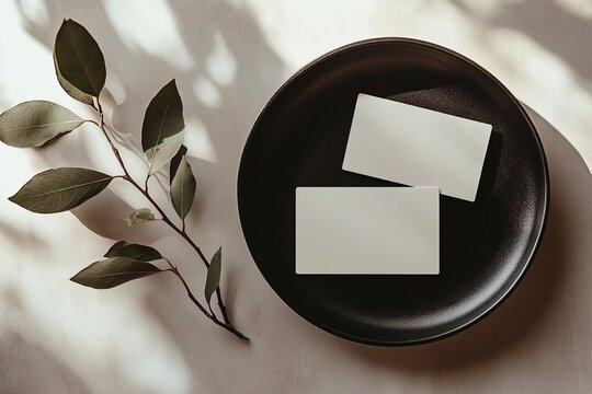 Photo of a minimalist mockup with two blank business cards on an elegant black plate, with a leafy branch next to it. 