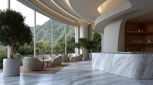 Luxury cafe interior marble counter curved ceiling panoramic window mountain view, calm minimalist lounge with wood shelf, daylight