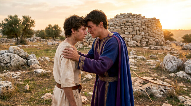 Biblical scene of Jonathan warning David, emotional embrace in a rocky field at sunset
