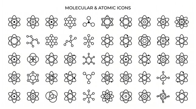 Minimal black line icons depicting atomic structures, molecular bonds, electron orbitals, and scientific chemistry physics concepts for educational visualization.